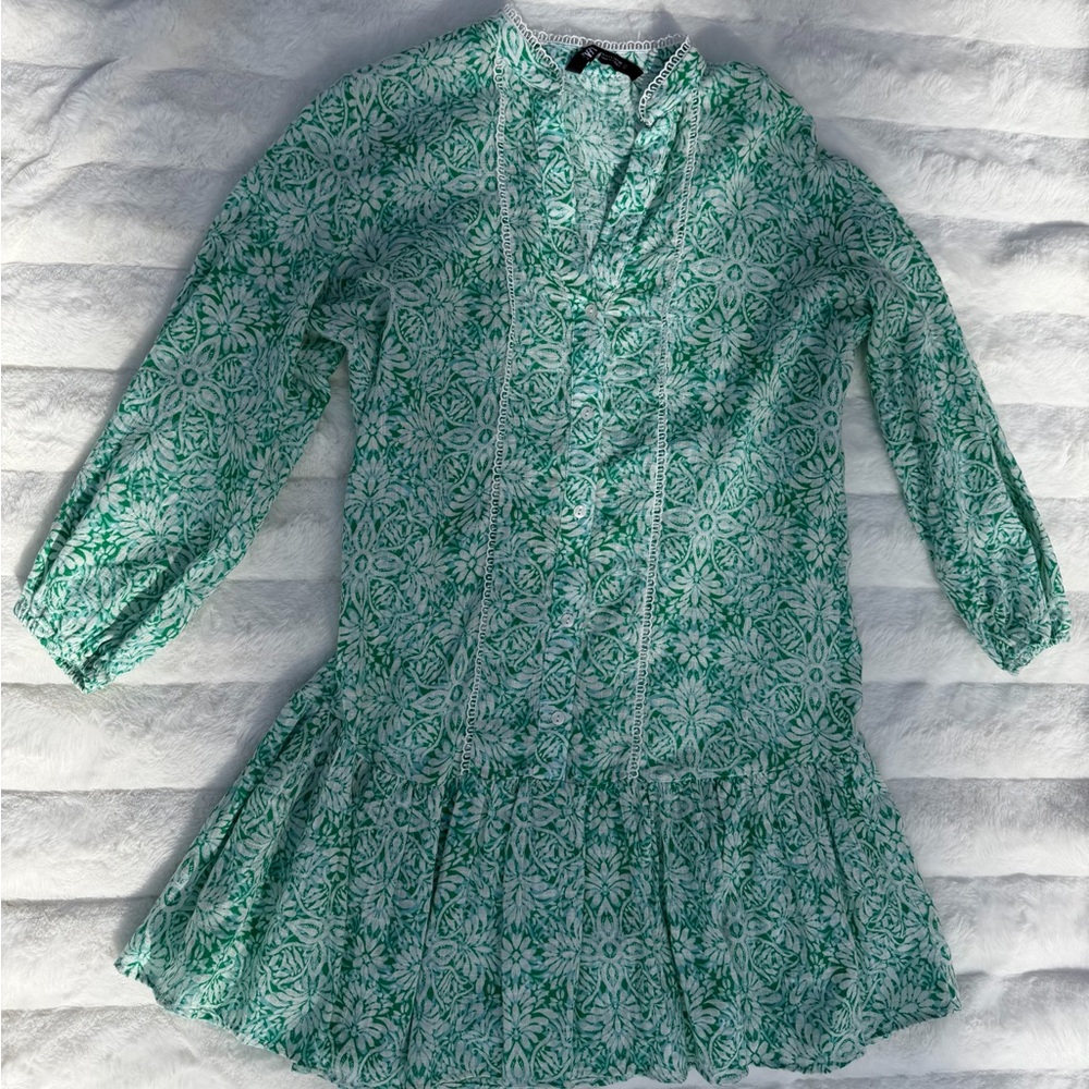 Zara Green Floral Mini Dress Swimsuit Cover Up Flowy Boho Spring Summer - Picture 3 of 9